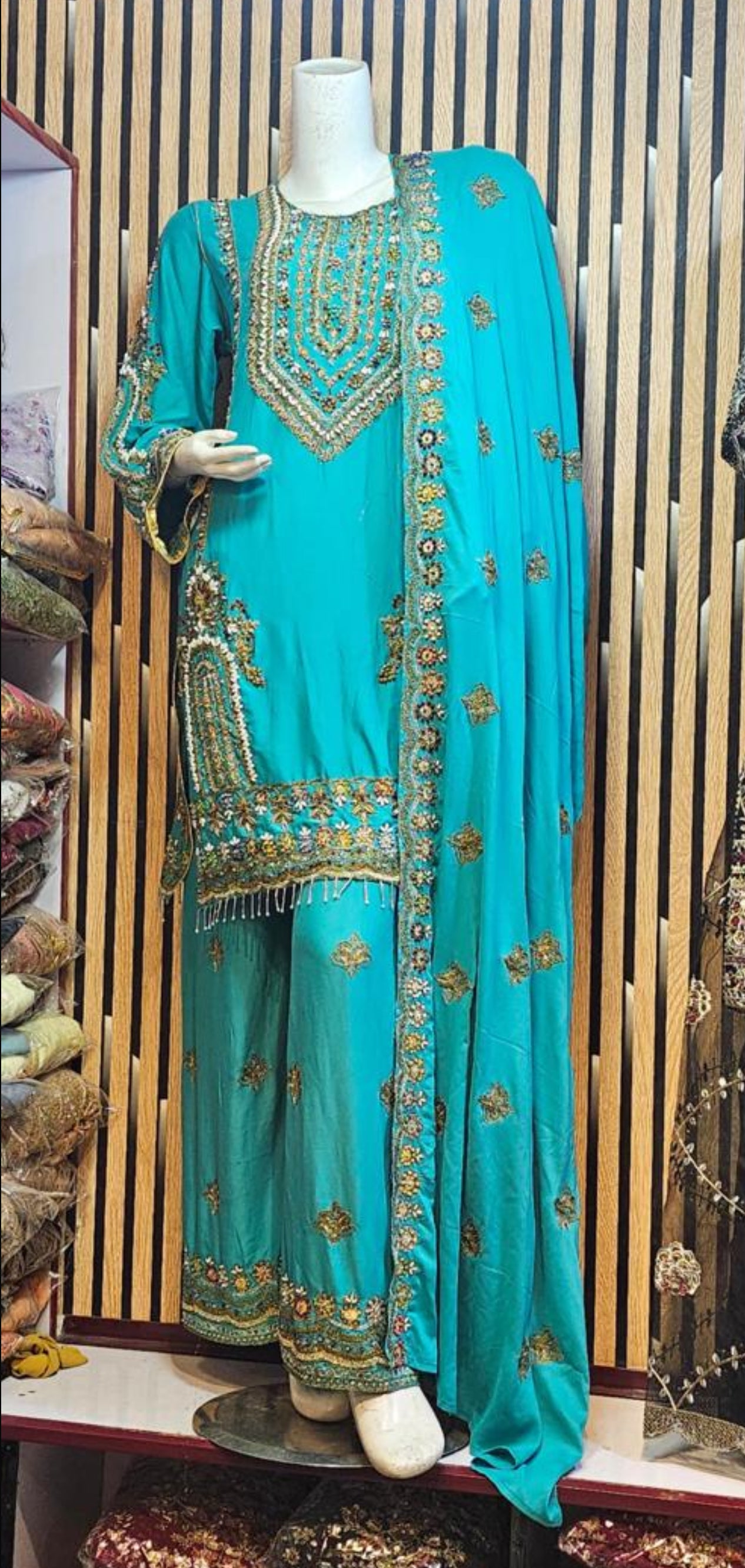 Luxury Turquoise 3 Piece Embroidered Suit with Dupatta