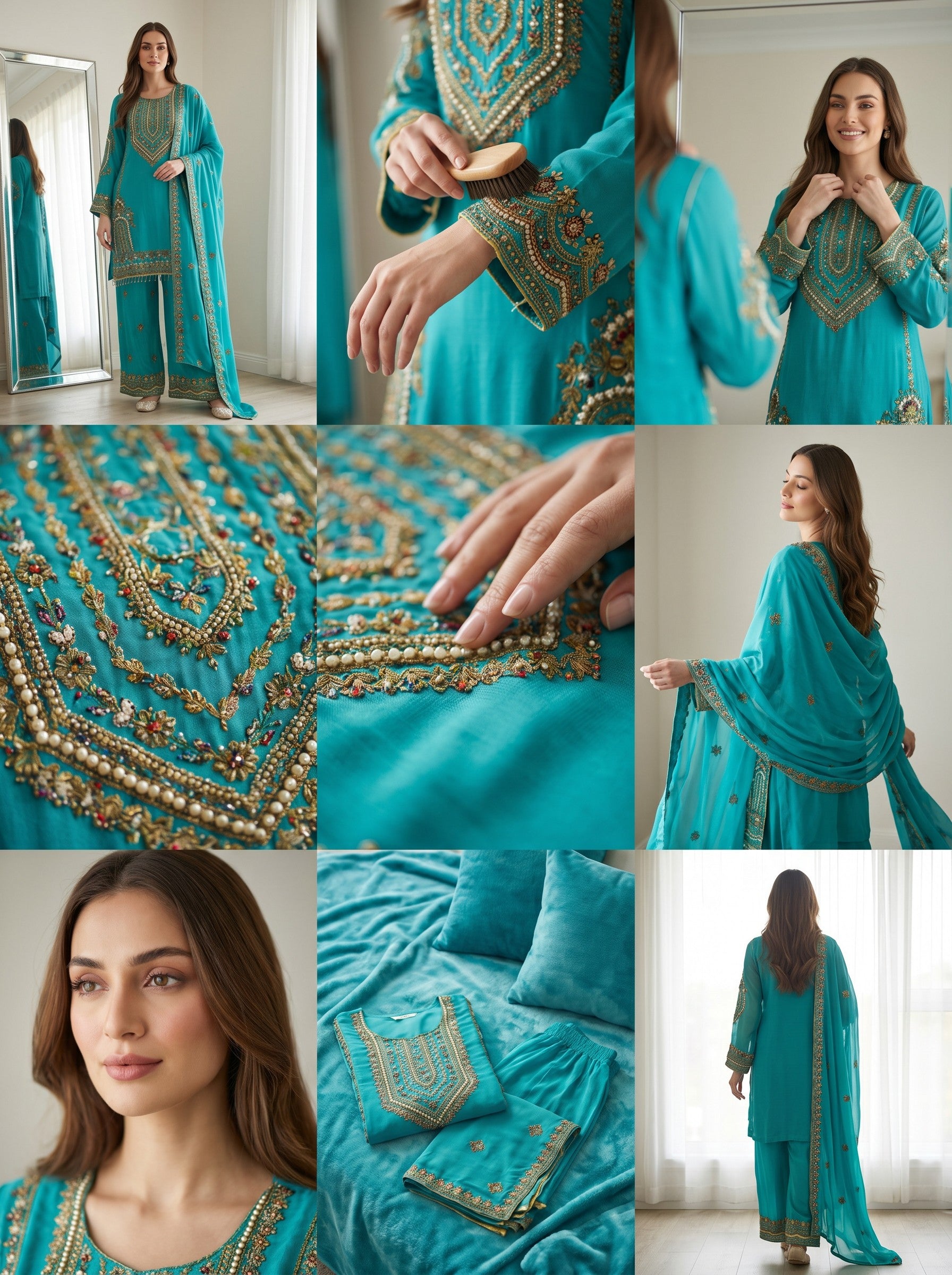 Luxury Turquoise 3 Piece Embroidered Suit with Dupatta