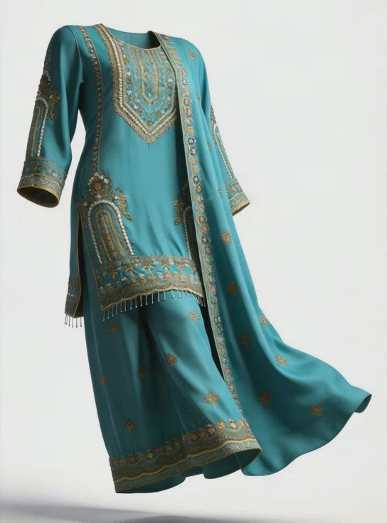 Luxury Turquoise 3 Piece Embroidered Suit with Dupatta